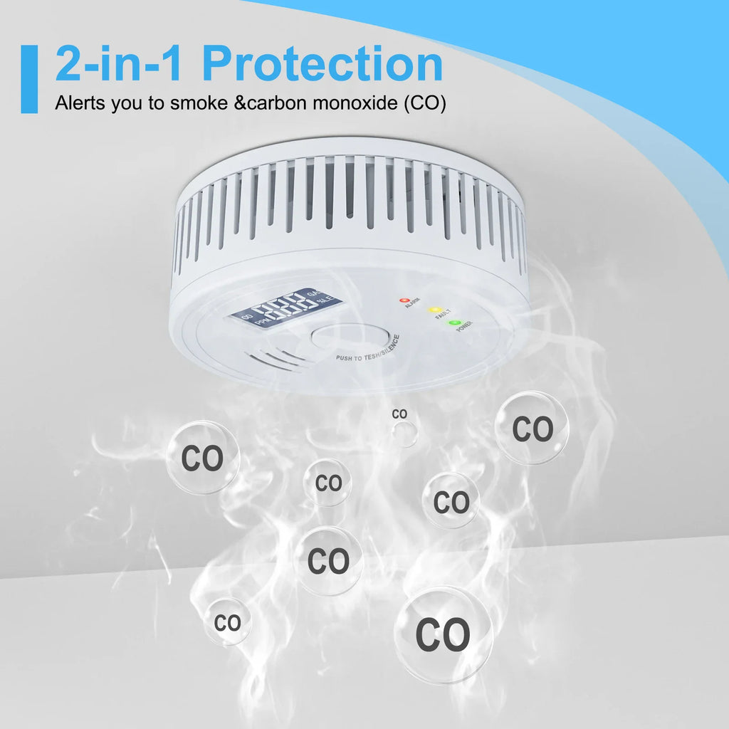 White smoke and carbon monoxide detector mounted on a ceiling with smoke simulation