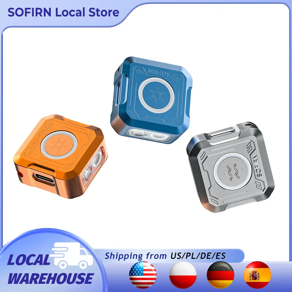 Sofirn SE1 compact EDC flashlight in orange, gray, and blue color options.