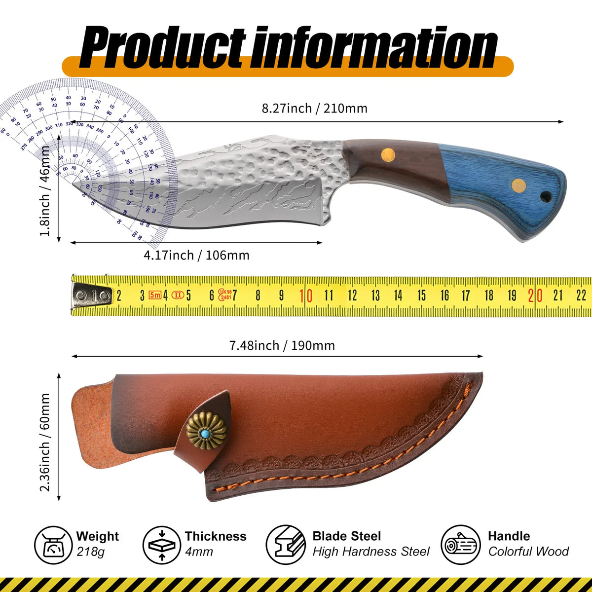 Damascus fixed blade utility knife with a wooden handle and leather scabbard. – view 6