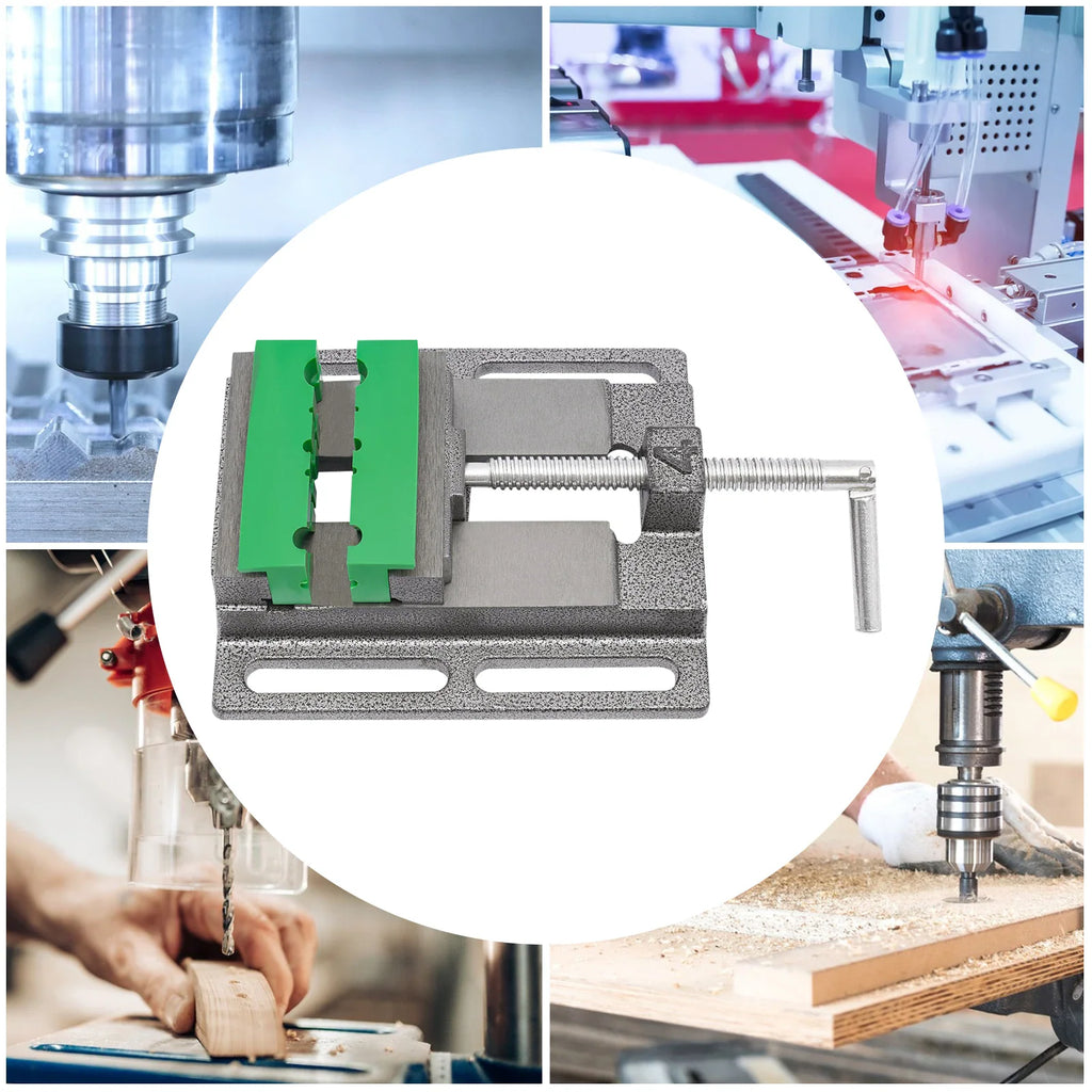4-inch drill press vise with green jaw inserts, shown with industrial milling and drilling equipment in use