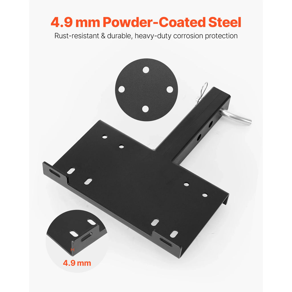 Black steel trailer hitch winch mount plate with 4.9mm material thickness label