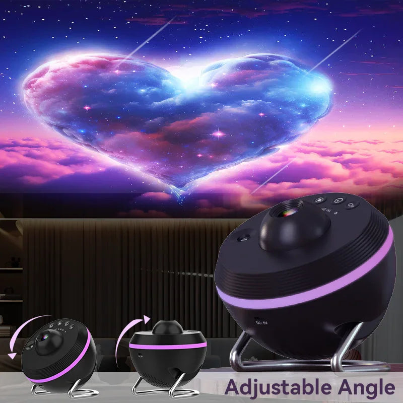 Black galaxy projector with an adjustable stand projecting a heart-shaped nebula on a wall.