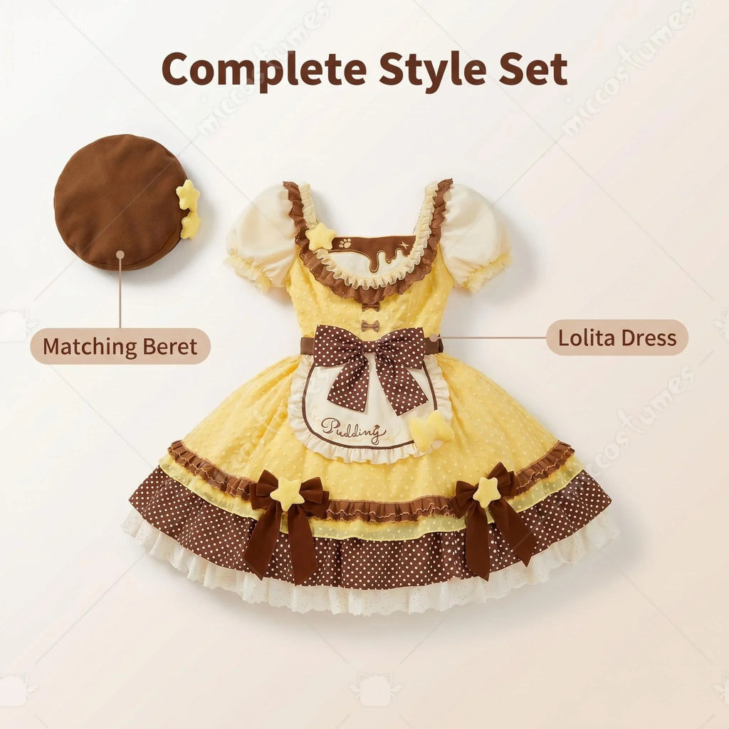 Complete Lolita style set including a yellow dress and a brown matching beret
