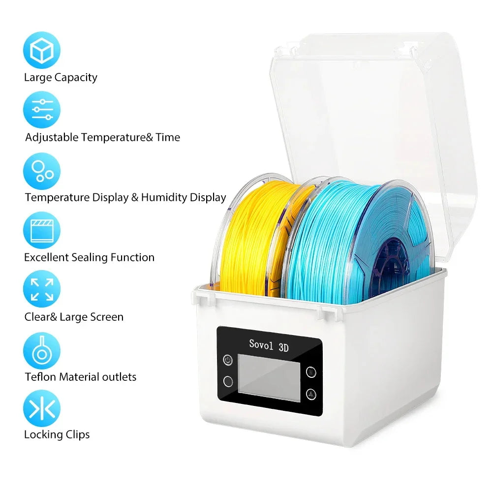 3D printer filament drying box with feature list and diagrams showing its capacity and functions