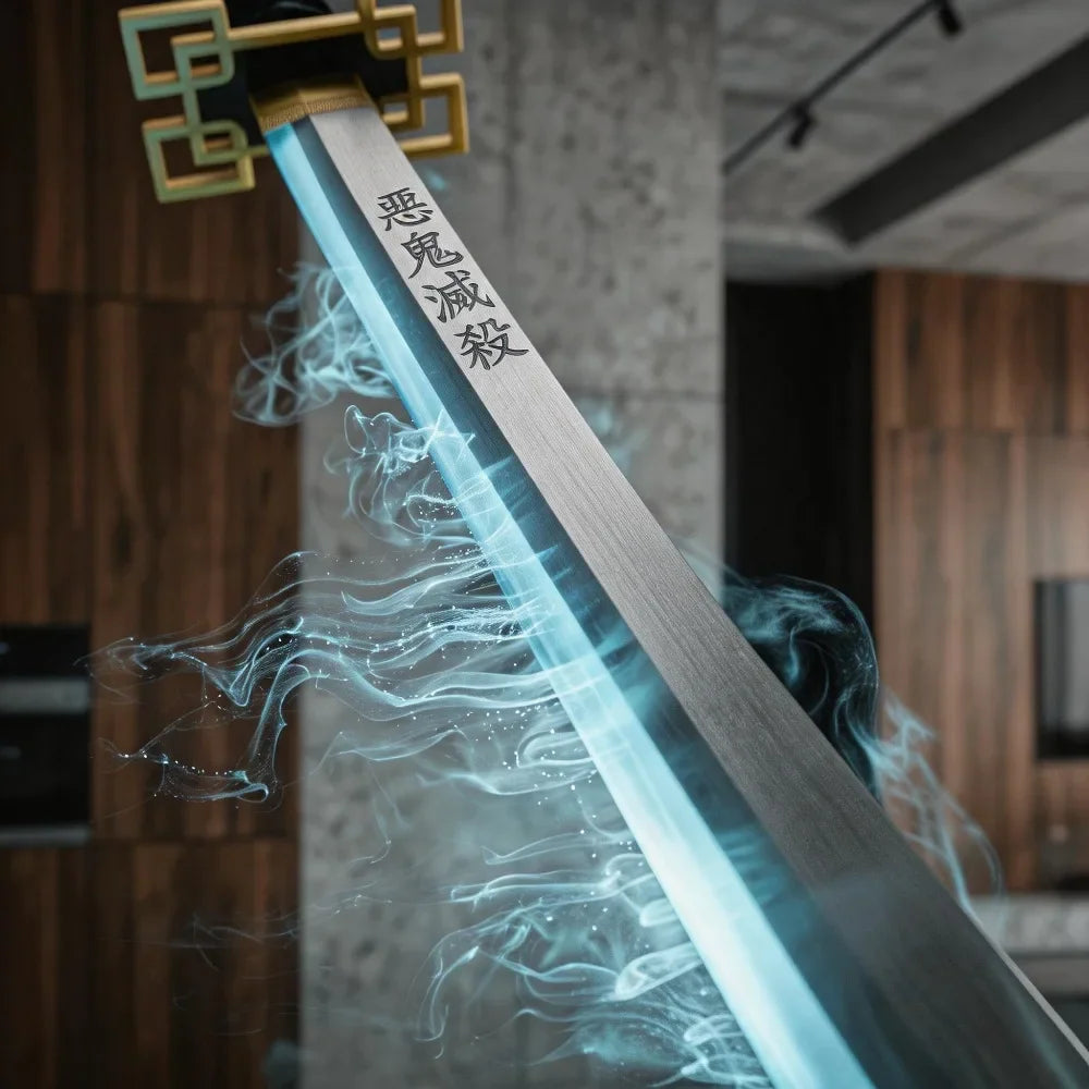Close-up of a replica Japanese sword blade with blue vapor and engraved kanji characters