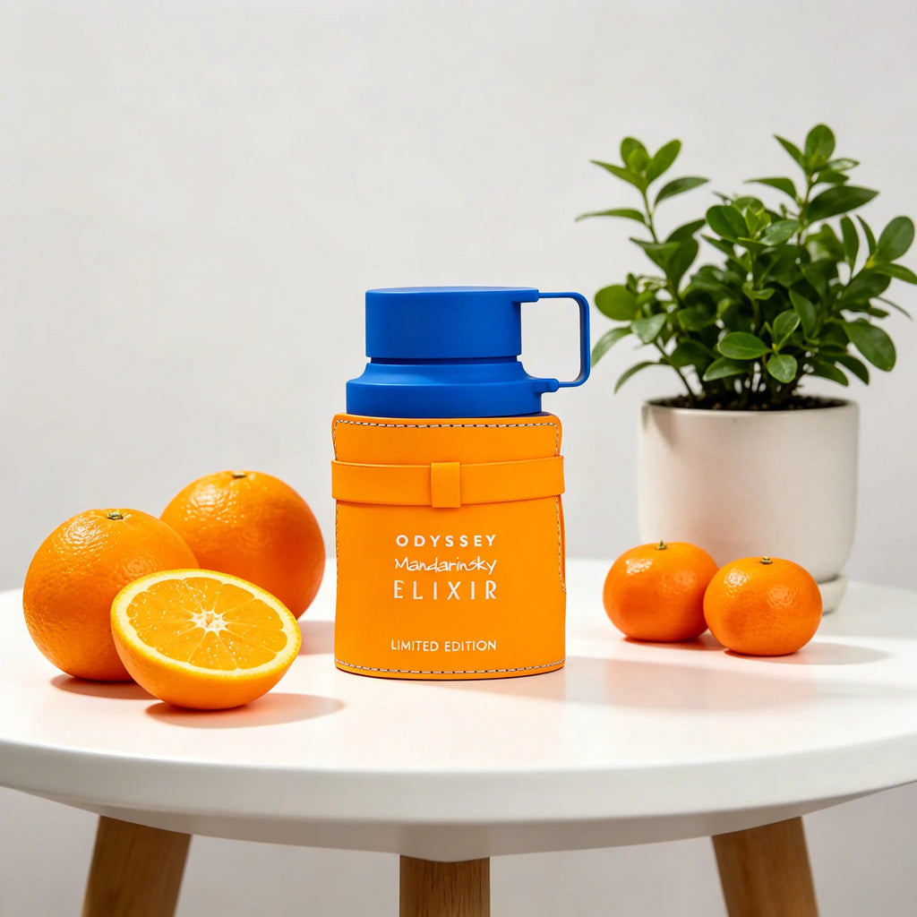 Orange leather-wrapped fragrance bottle with a blue cap and a small plant with fresh mandarins on a white table