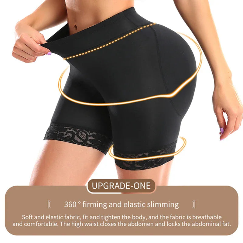 Model wearing high-waisted black padded shapewear shorts with product descriptions overlaid