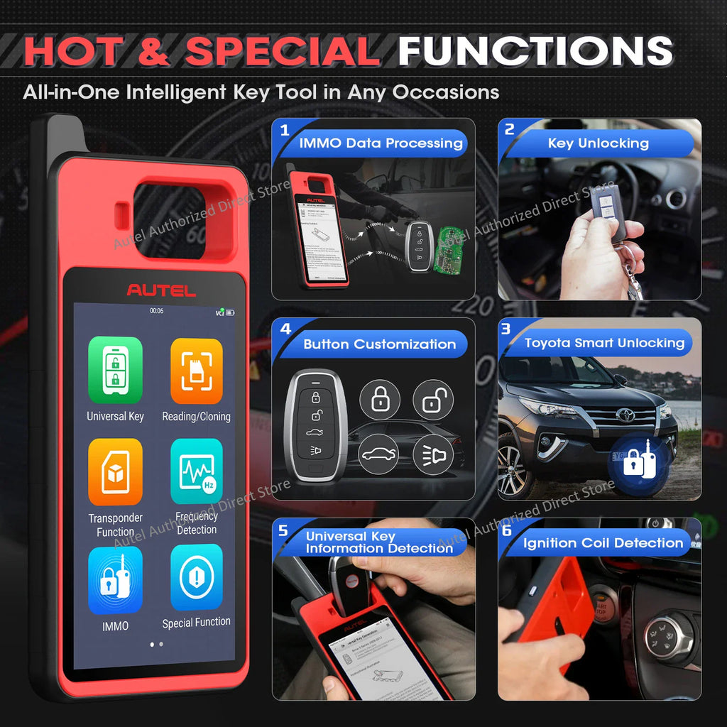 Specialized automotive tool displaying immobilizer key programming and testing functions.