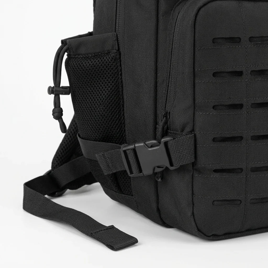 Close-up detail of the side compression strap and mesh water bottle holder on a black tactical backpack.