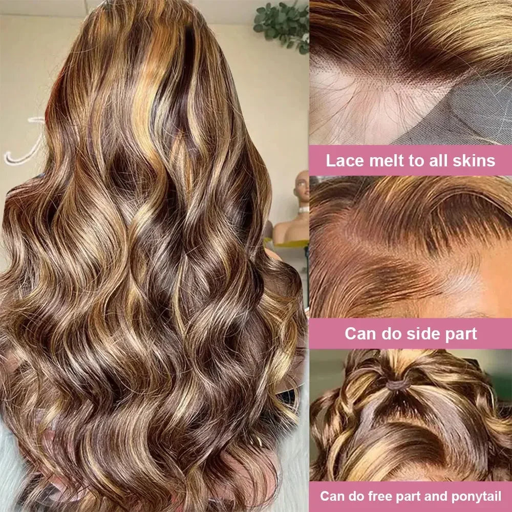 Back view and close-up of brown and blonde highlighted wavy human hair lace front wig