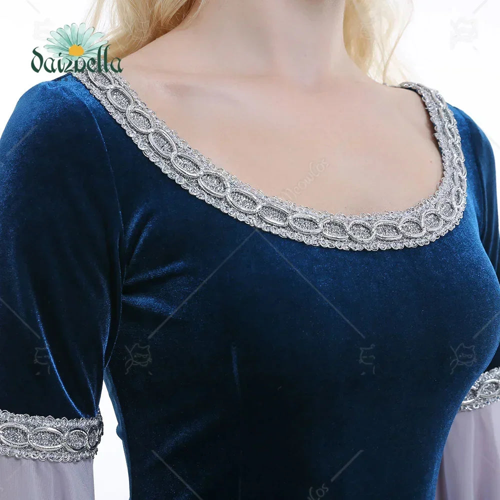 Close-up of the silver embroidery around the neckline of a dark blue velvet medieval gown.