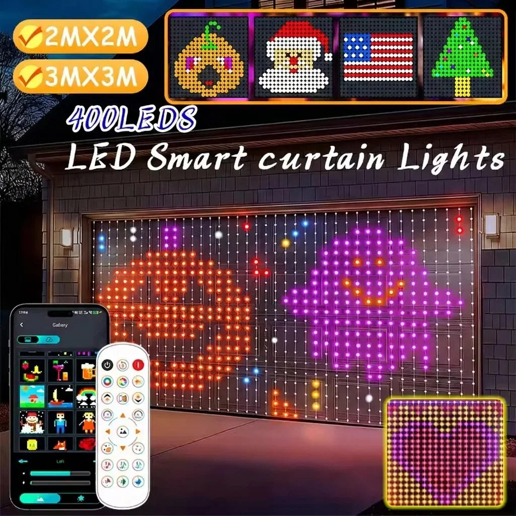 Smart LED curtain lights display patterns on a garage door, with app and remote controls shown.