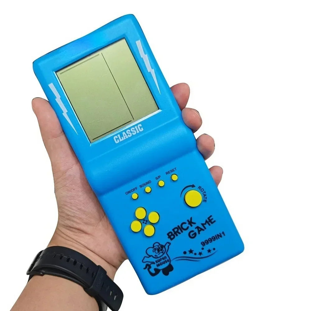 A hand holding a blue handheld retro brick game console