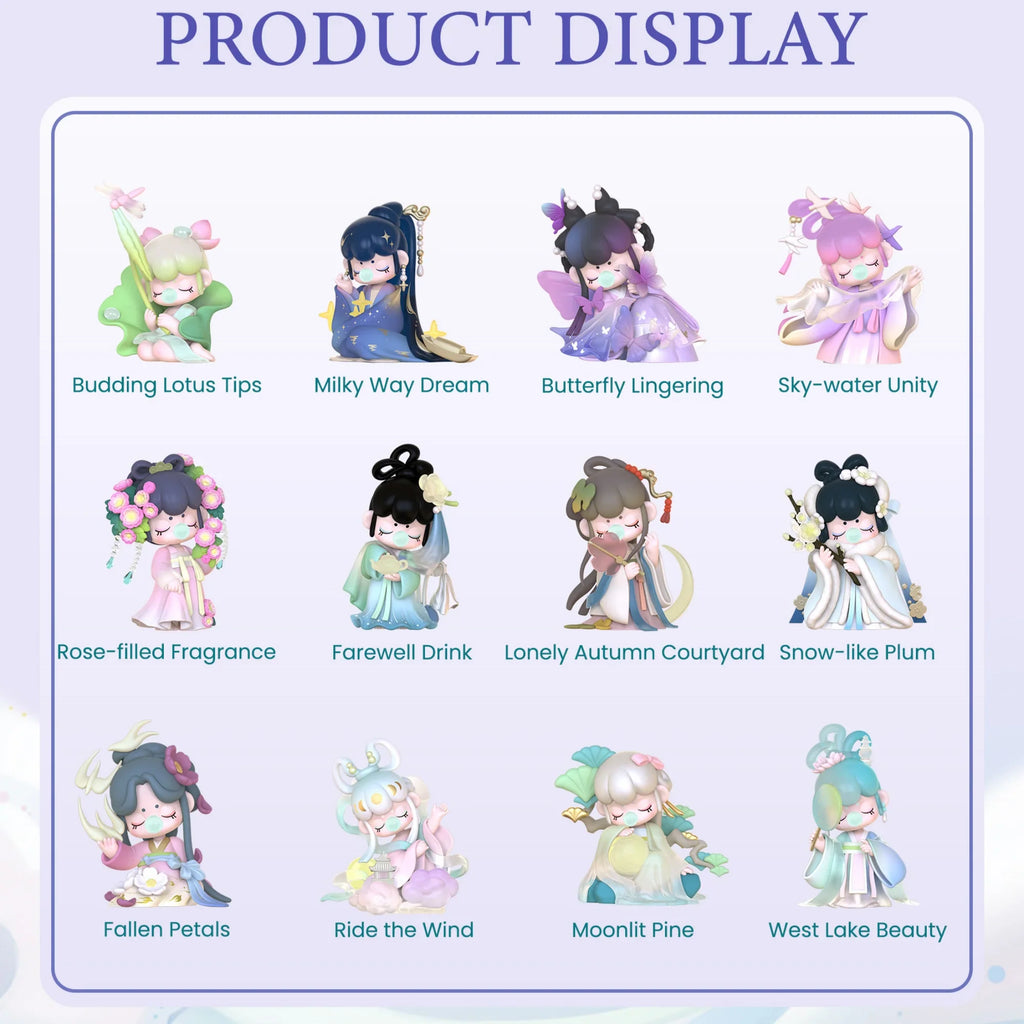 A chart showing the twelve different styles of Nanci blind box figures with their names and designs.