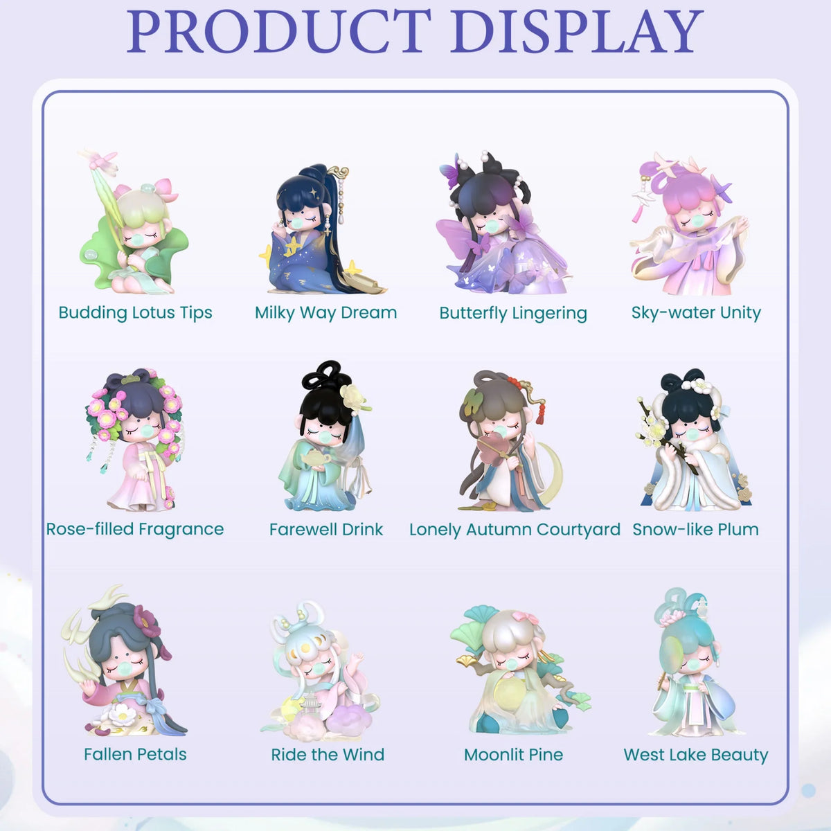 A chart showing the twelve different styles of Nanci blind box figures with their names and designs.