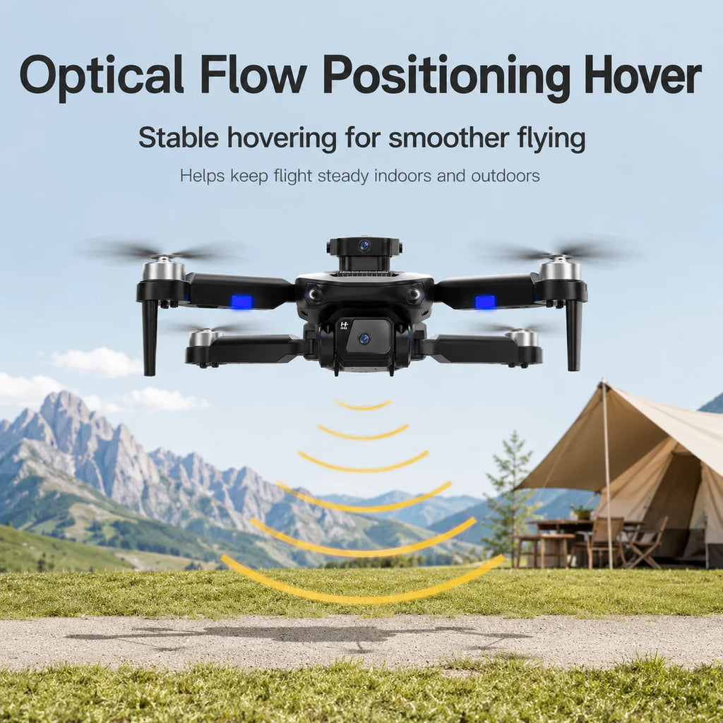 Black drone hovering outdoors with visual indicator of optical flow positioning