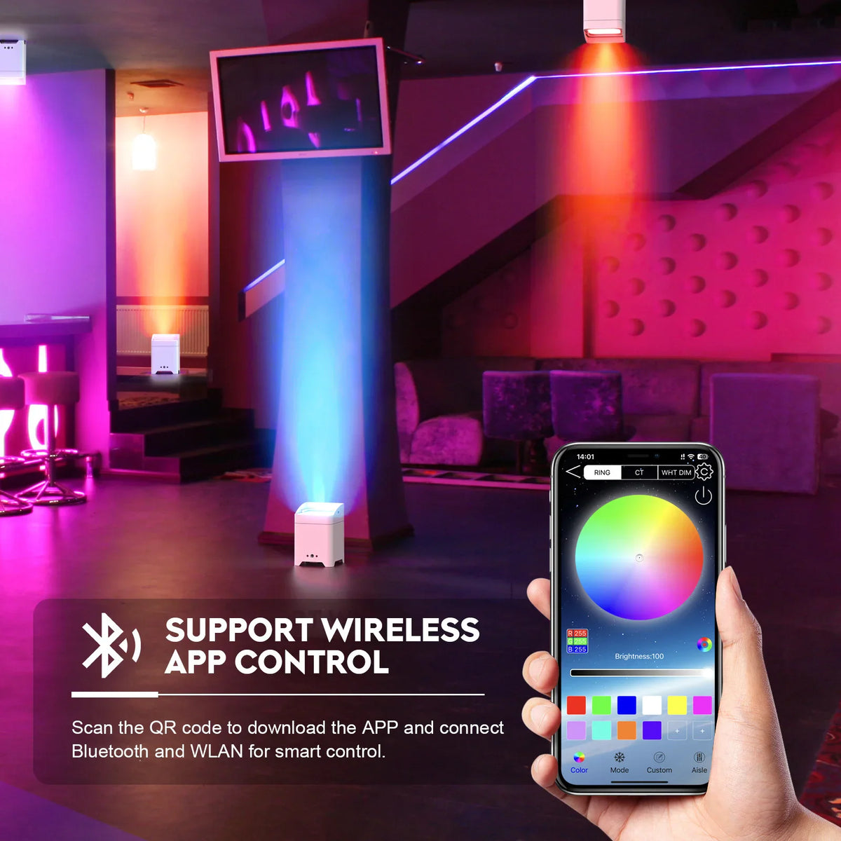 Hand holding a smartphone using a wireless app to control LED stage lighting in a venue