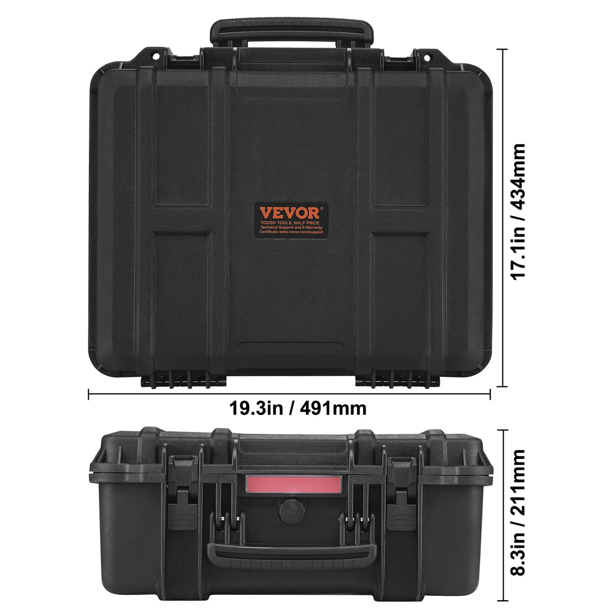 Technical diagram showing the dimensions of a black hard protective plastic storage case.