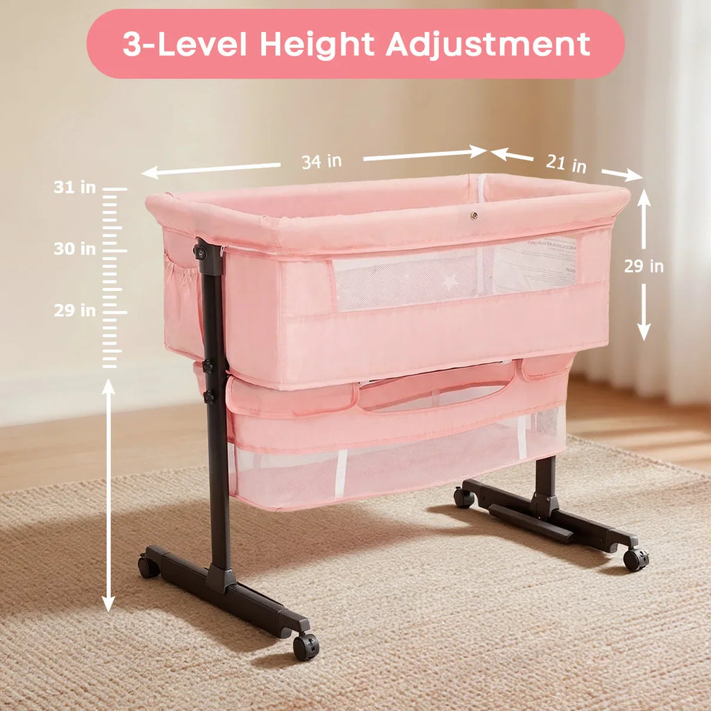 Pink baby bedside bassinet with three-level height adjustment dimensions indicated