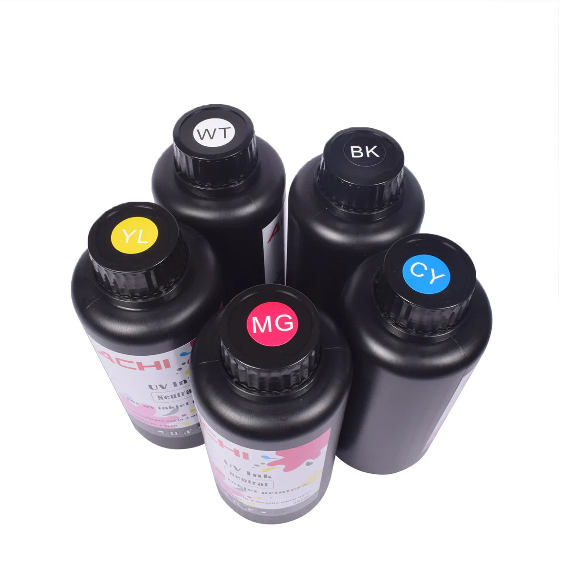 Top view of five 500ml UV ink bottles with color labels on caps