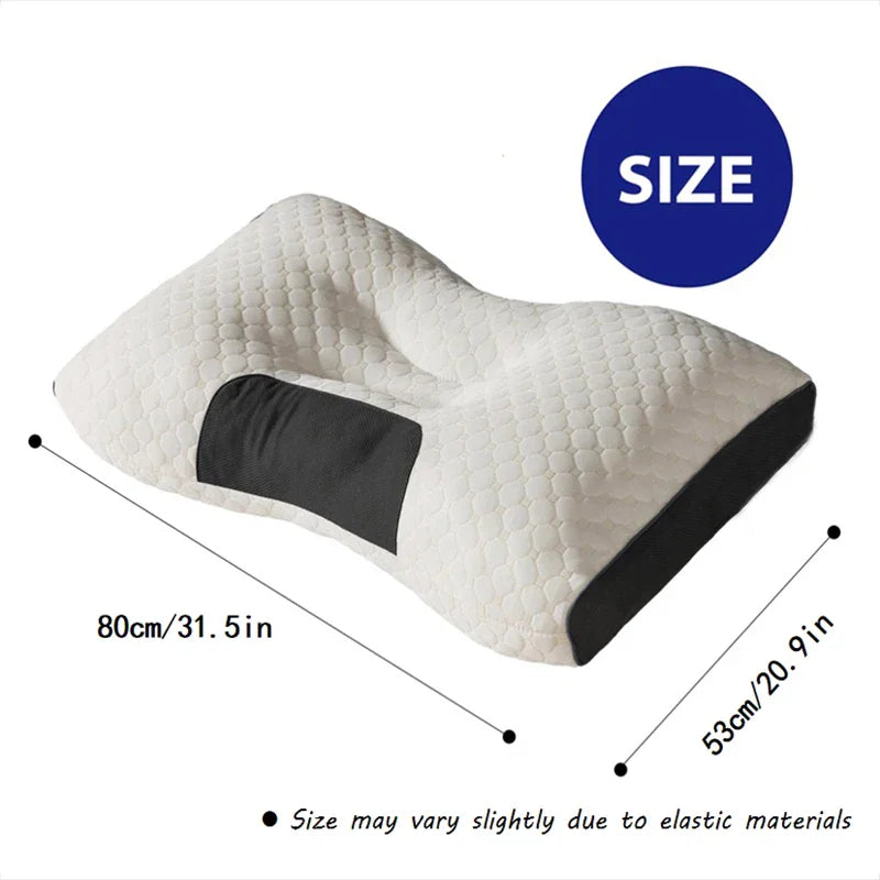 Ergonomic orthopedic contour pillow with measurement lines and dimensions