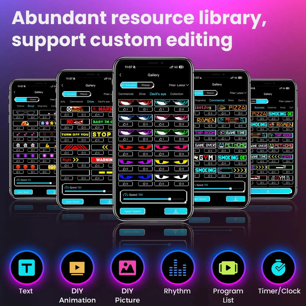 Mobile phone interface showing an app for customizing LED display animations and icons