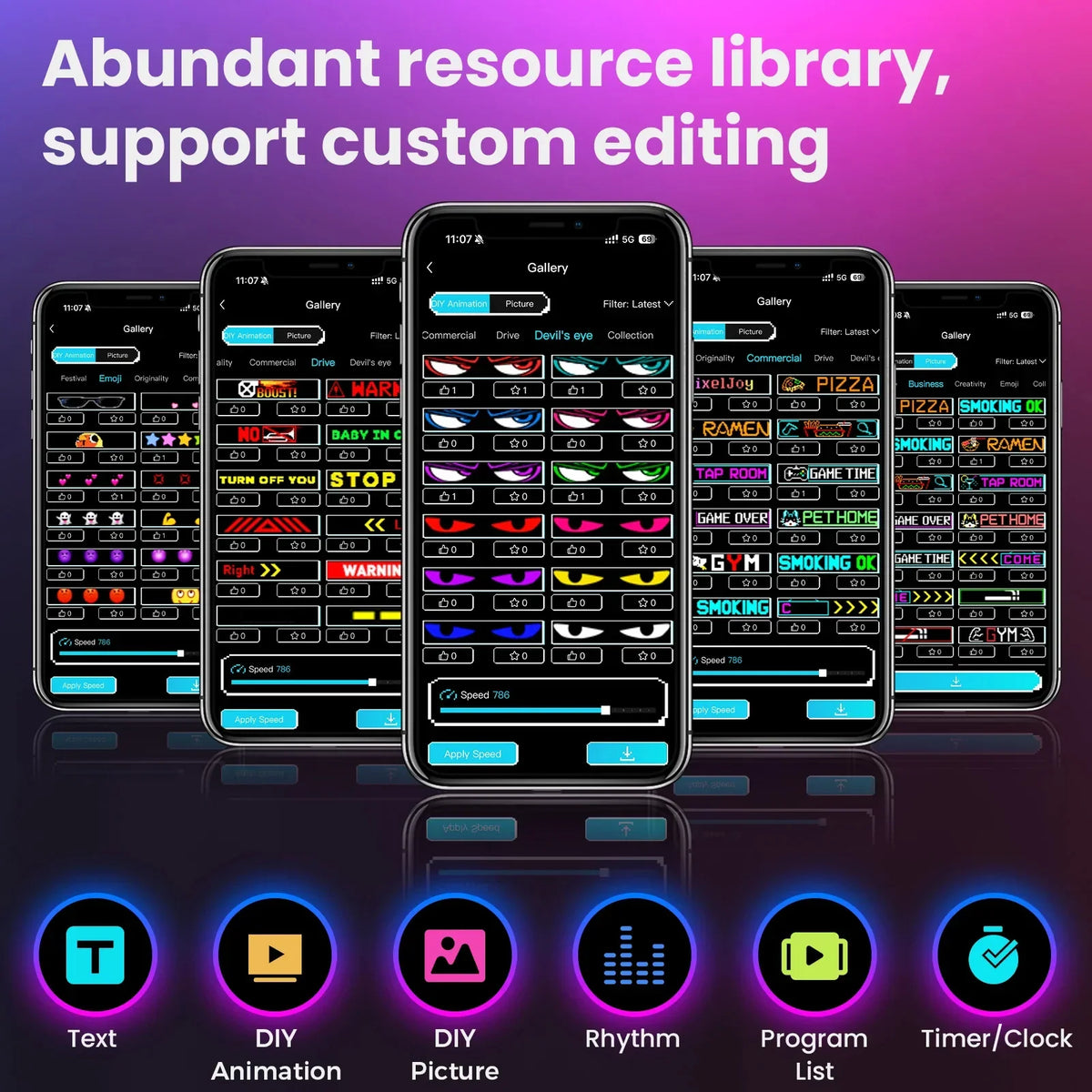 Mobile phone interface showing an app for customizing LED display animations and icons