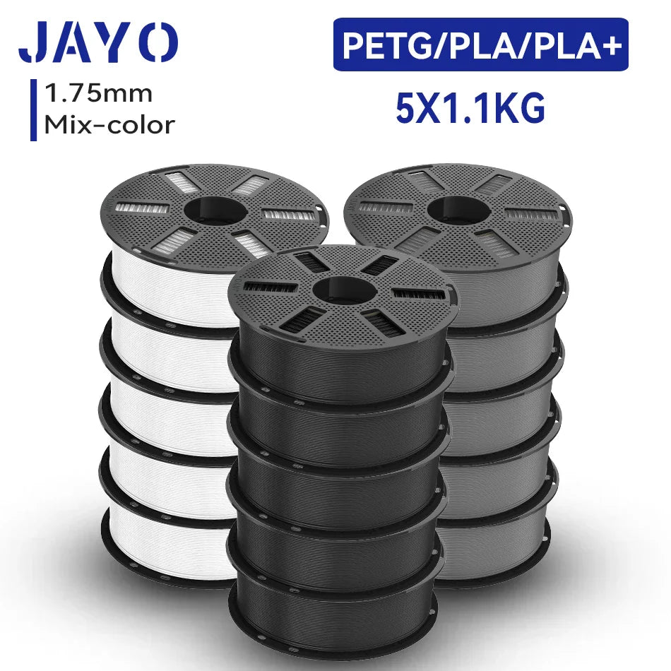 A bundle of five 1.75mm printer filament spools in black and white