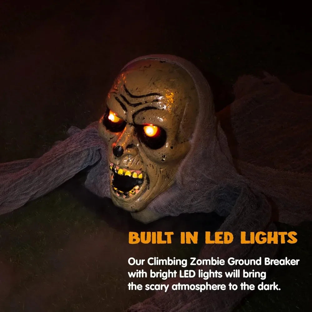 Halloween groundbreaker zombie decoration with glowing yellow eyes.