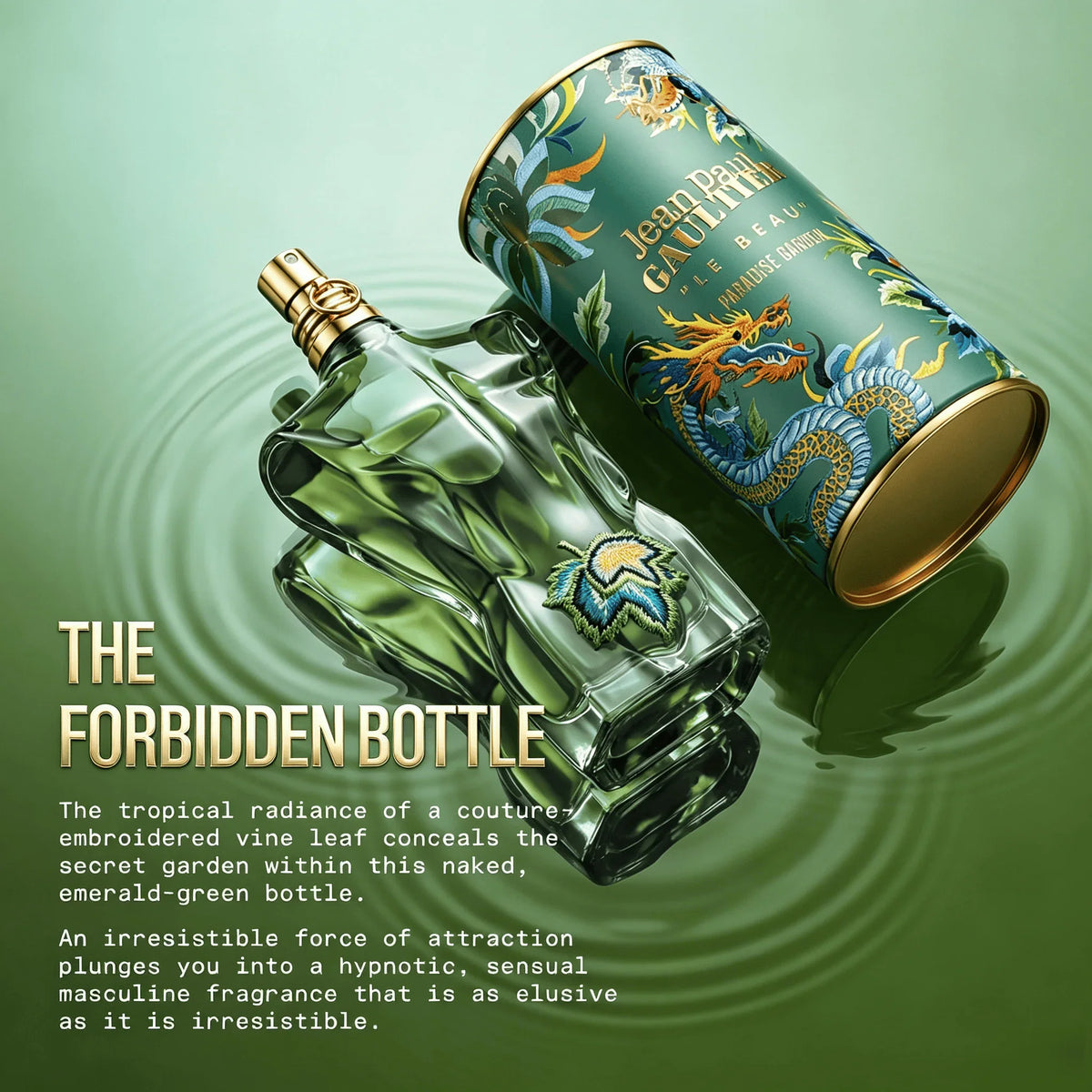 Green torso-shaped glass perfume bottle lying on water surface next to its canister, with overlaid promotional text.