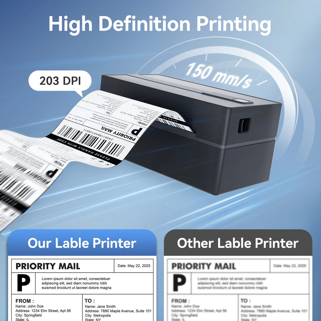 A thermal label printer showing print speed and comparing labels with another printer