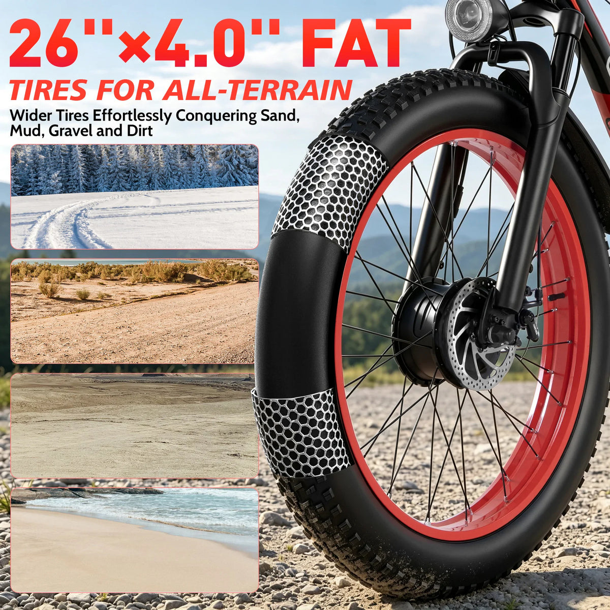 Close-up of a fat bike tire with inset images showing various terrains like sand, snow, and mud.