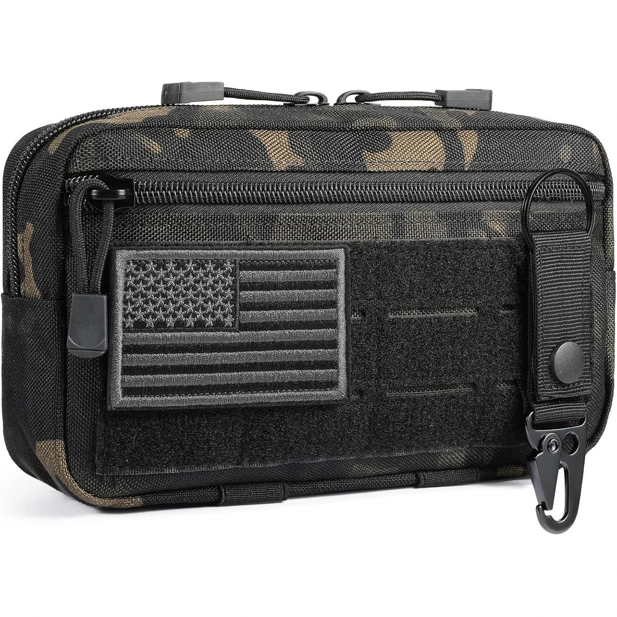 A woodland camouflage tactical EDC utility pouch with an American flag patch and carabiner.