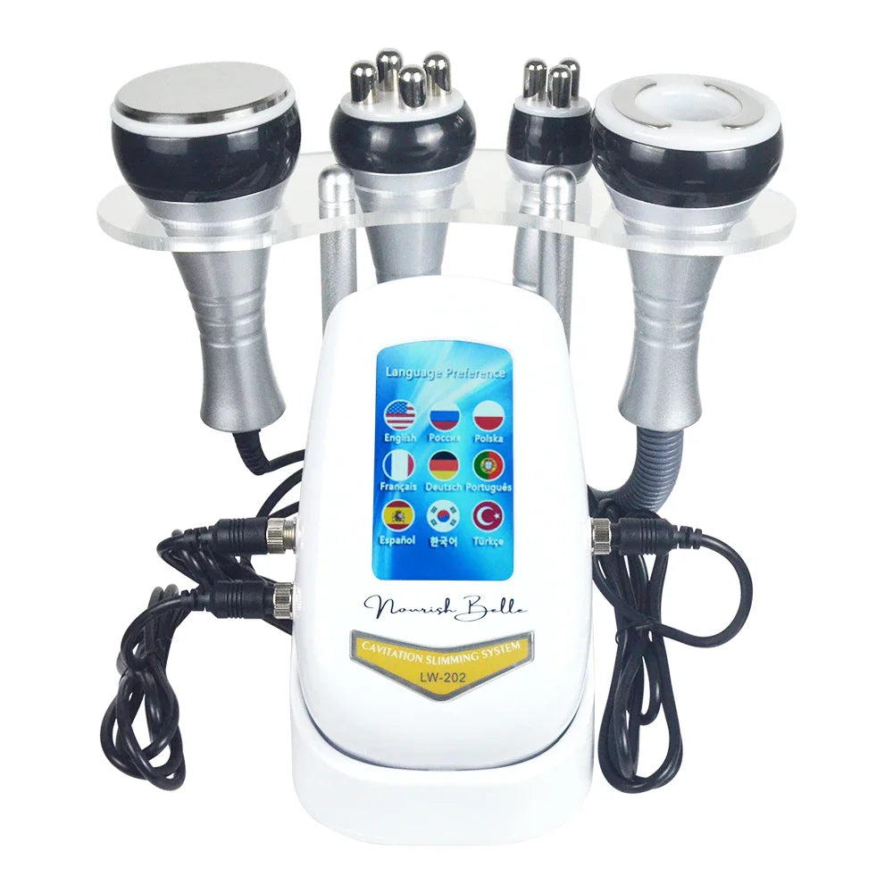 4-in-1 40K cavitation body slimming machine showing central console and four attachments