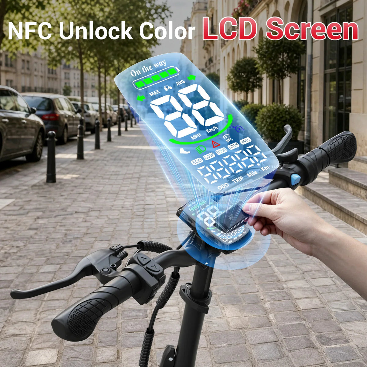 Close-up of a person unlocking a black electric bike's color LCD display panel using an NFC card.