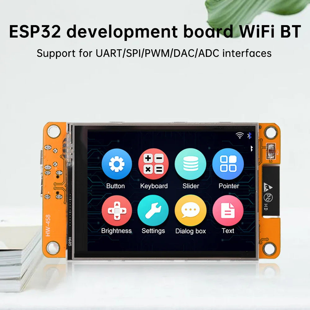 ESP32 development board with a 2.8 inch color touchscreen displaying an app interface