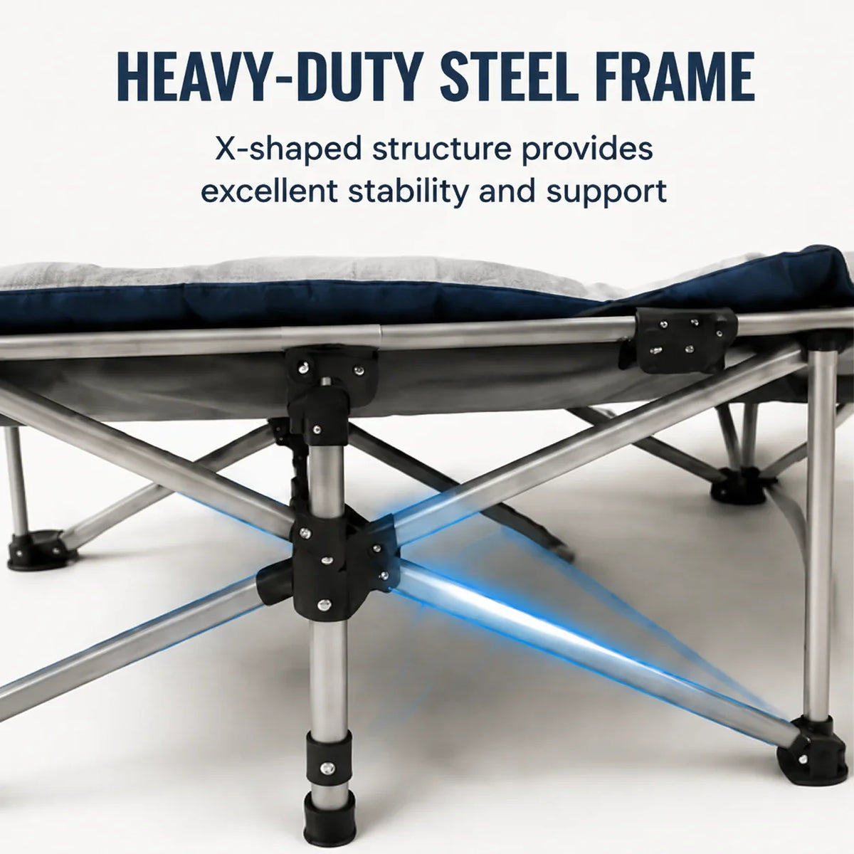 Close-up view of the heavy-duty X-shaped steel frame of a foldable camping cot.