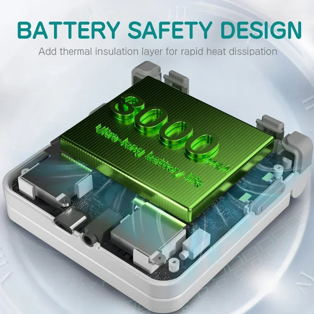 Internal view of a handheld game console showing the battery compartment and heat insulation layer