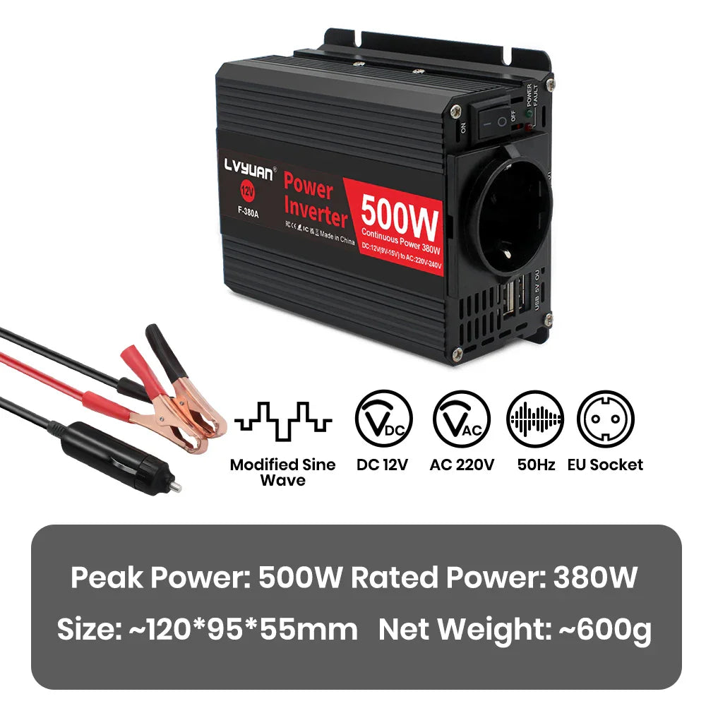 A black 500W car power inverter with cables and technical specifications