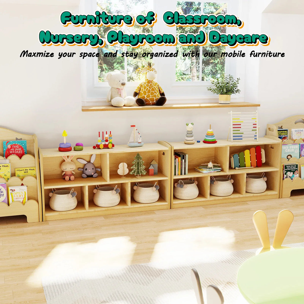 2-tier oak-colored wooden Montessori cabinet for kids' toy and book storage – view 6