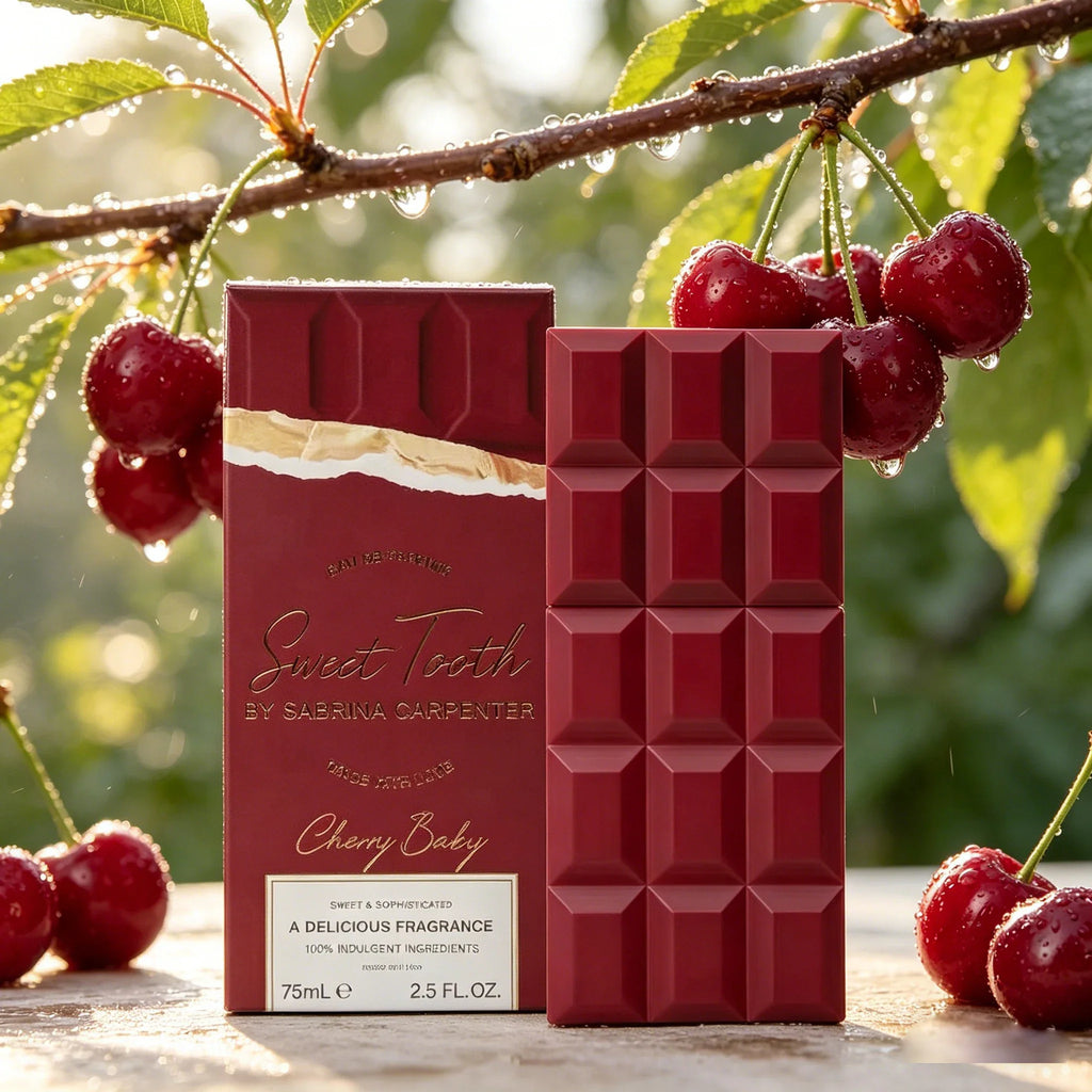 A red cherry-shaped perfume bottle standing next to its box surrounded by fresh cherries on a branch.