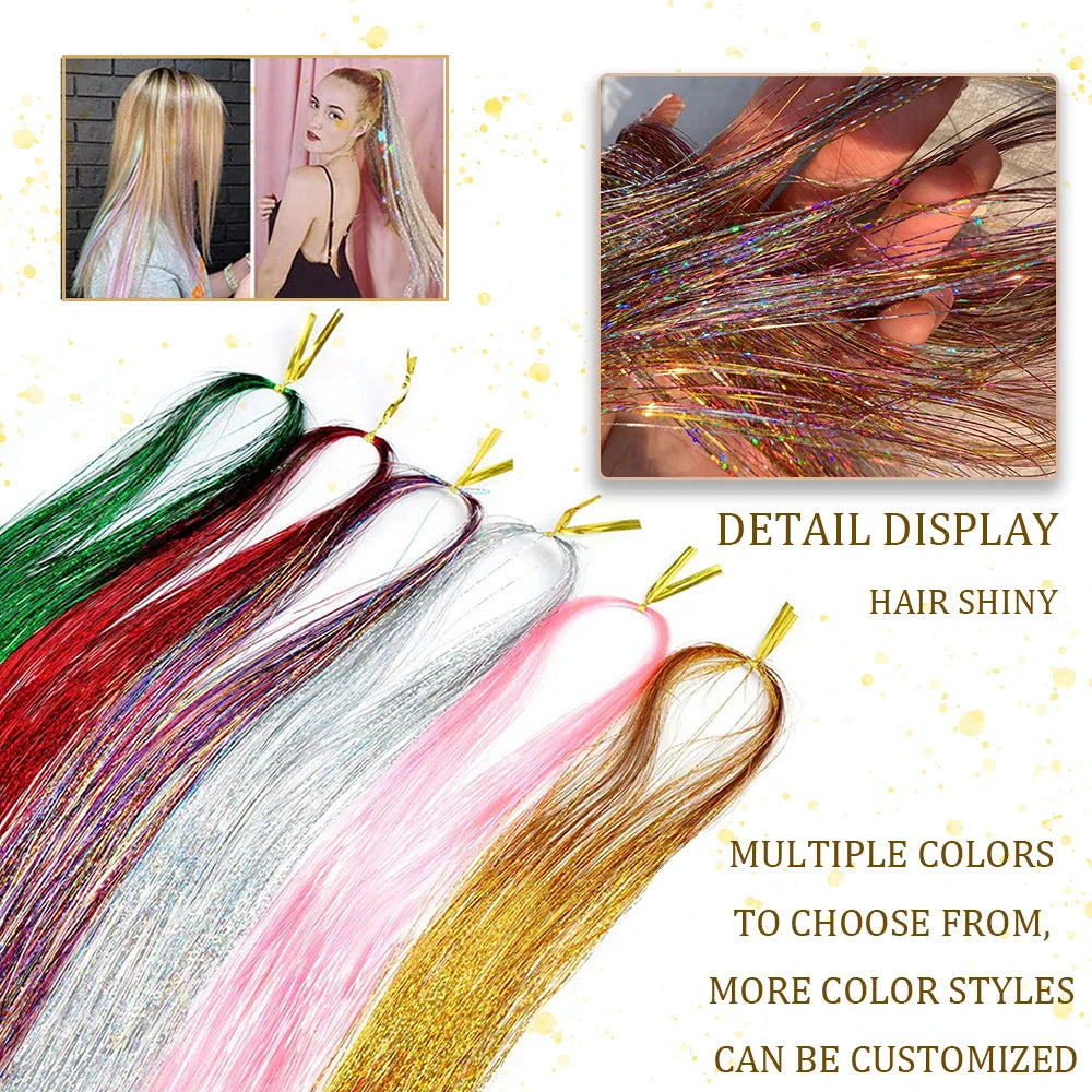A collection of colorful glitter hair tinsel strands shown with a hand holding a bundle for a close-up detail.