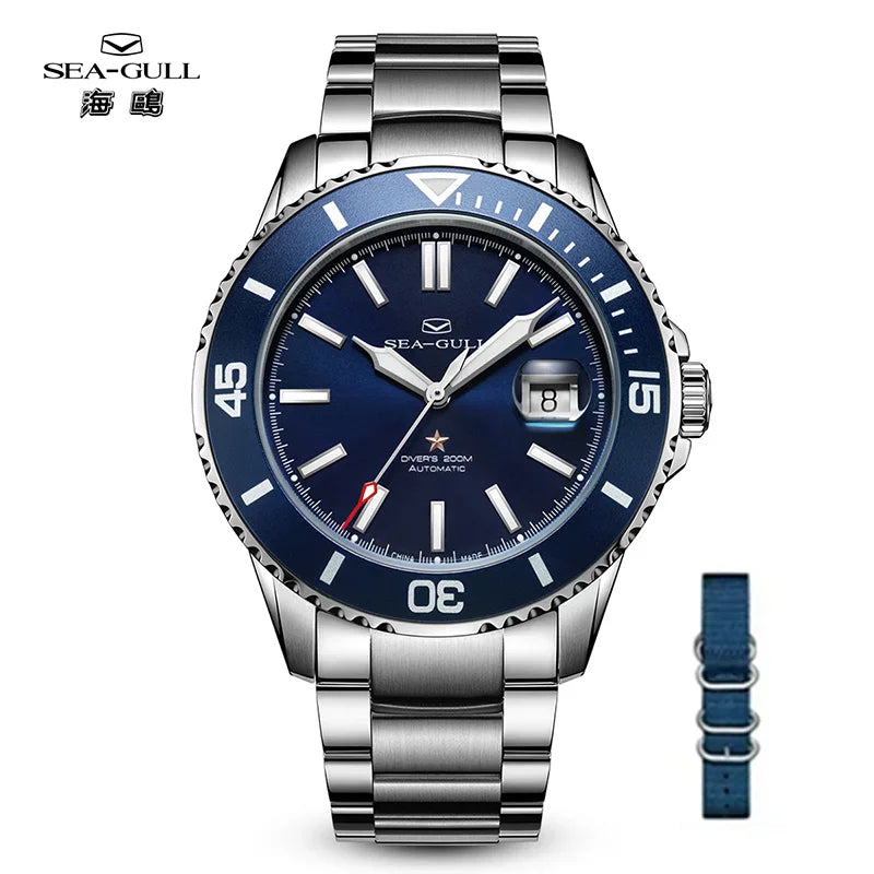 Blue dial automatic diver watch with stainless steel strap and spare nylon strap