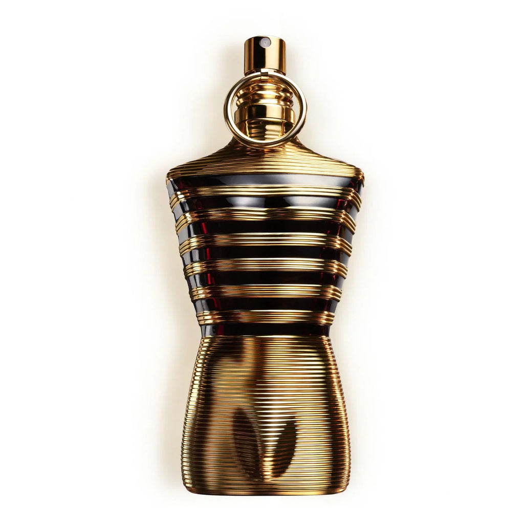 Gold men's fragrance bottle shaped like a male torso