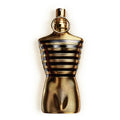 Gold men's fragrance bottle shaped like a male torso