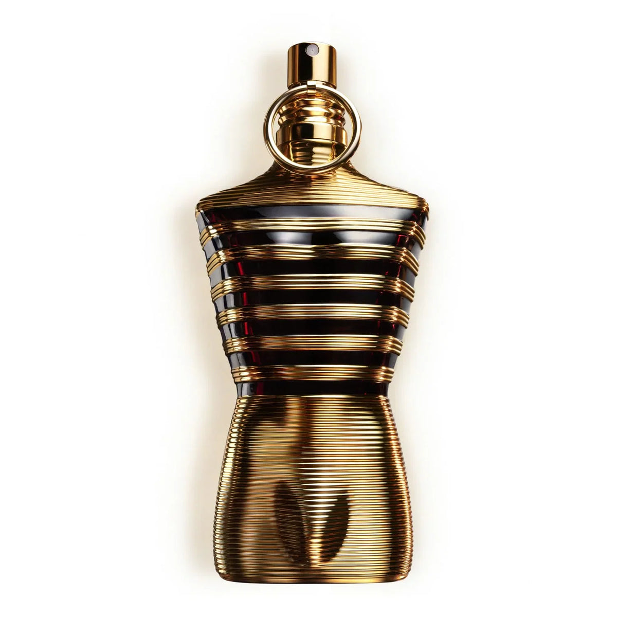 Gold men's fragrance bottle shaped like a male torso