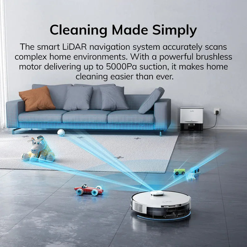 White robot vacuum cleaning floor in living room with LiDAR laser lines visible