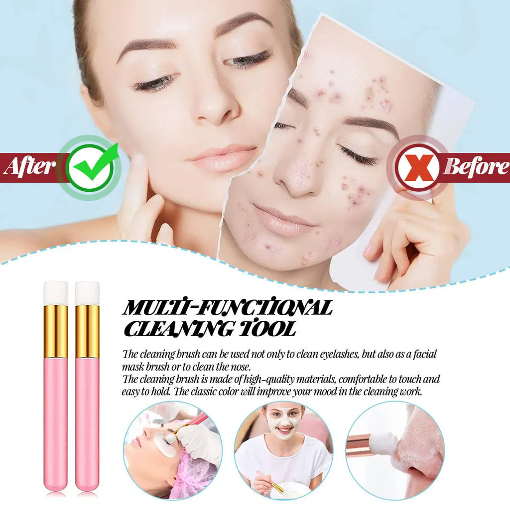 A multi-functional cleaning brush for eyelash and facial cleansing shown with a before-and-after skin appearance comparison.