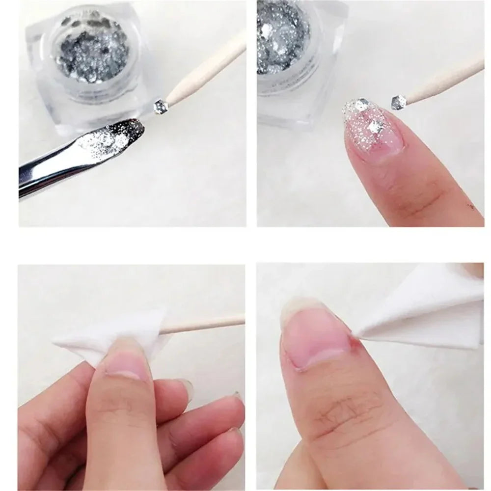 Collage showing wooden manicure sticks used for nail art decoration and cleaning