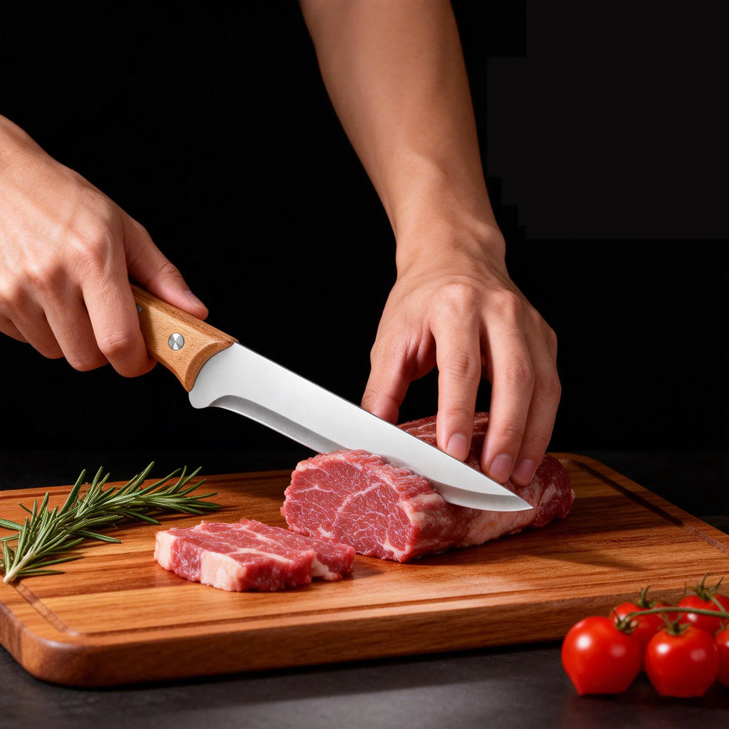 Hands slicing raw meat on a wooden cutting board with a stainless steel knife